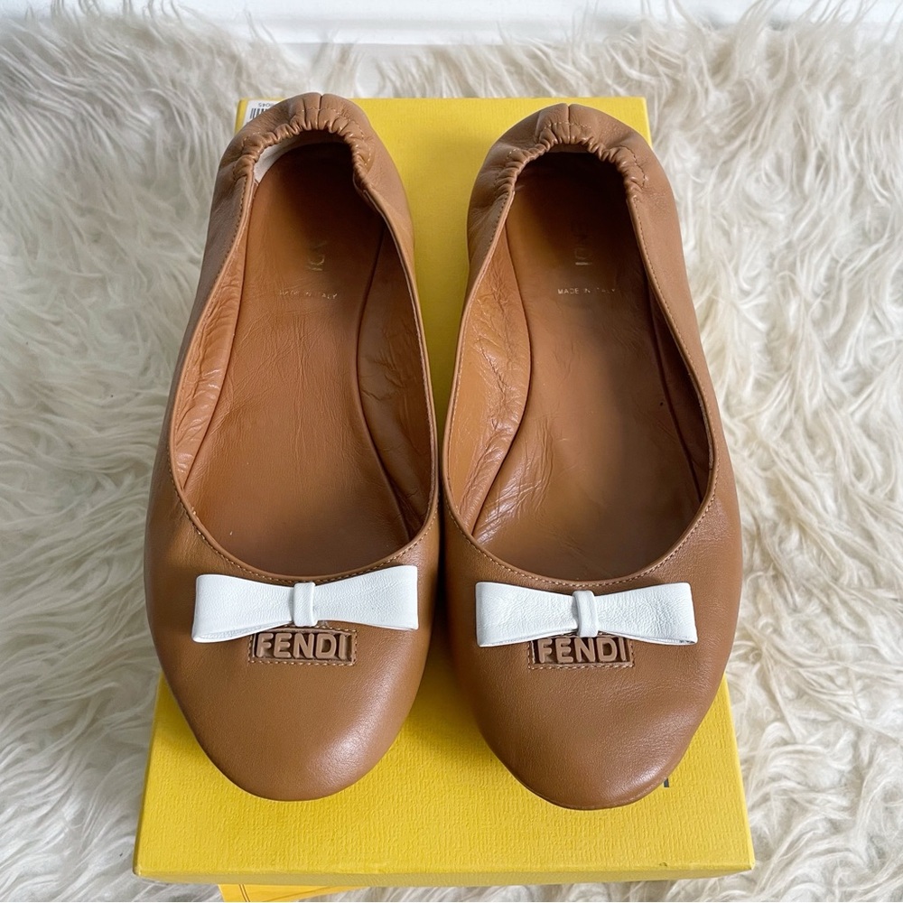 Fendi Brown Leather Ballerina Flats with White Bow size 38.5